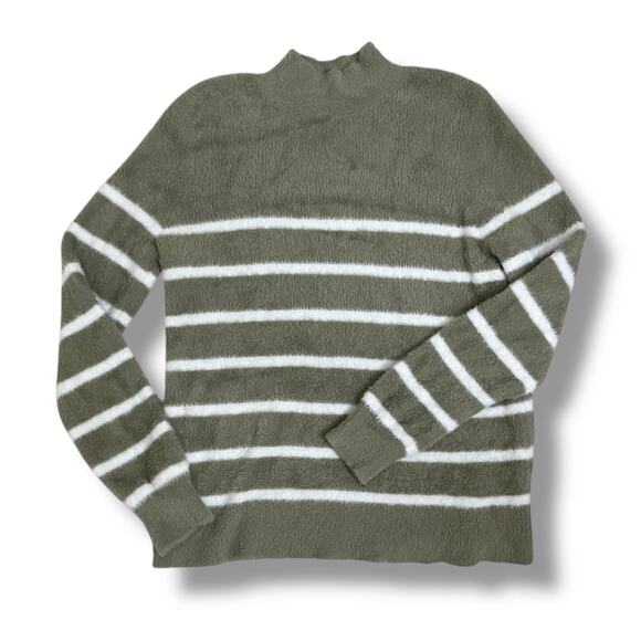 Bailey 44 fuzzy mock neck stripe sweater olive green white - Picture 4 of 6